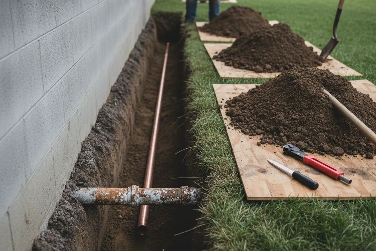 Excavated water line trench during Water Softener Installation in Mary D